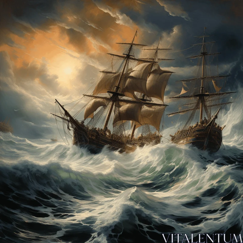 Captivating Painting of Sail Ships in the Sea | Chiaroscuro Technique AI Image