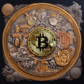 Bitcoin's Astrological Status: Multilayered Mixed Media Artwork