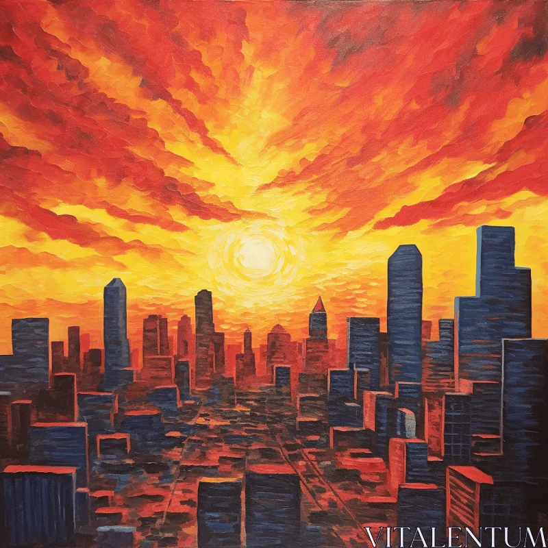 Captivating Cityscape Painting with a Mesmerizing Red Sky AI Image