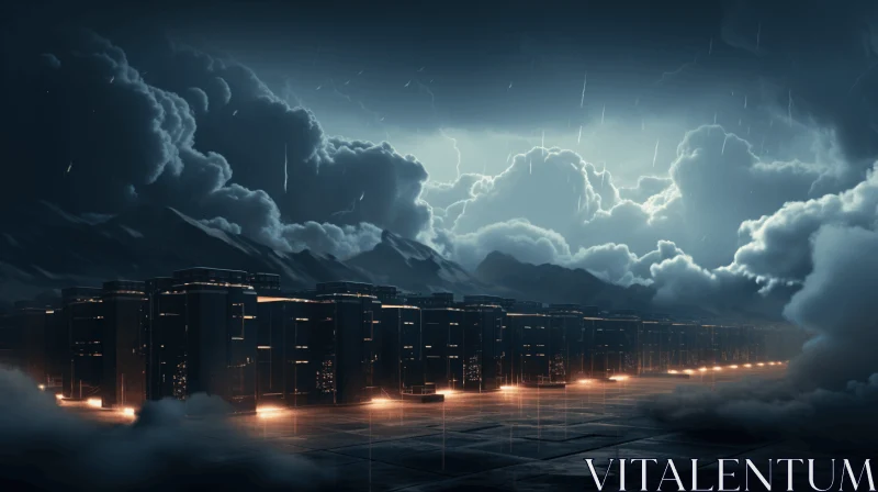 Futuristic City with Stormy Sky and Glowing Lights AI Image