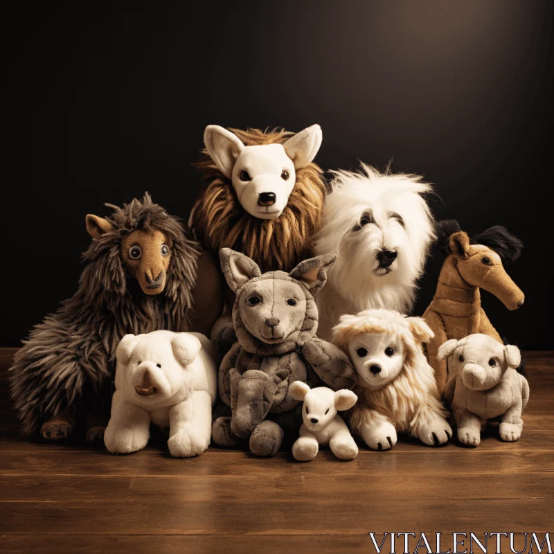 Captivating Stuffed Animals Composition on Wooden Floor AI Image