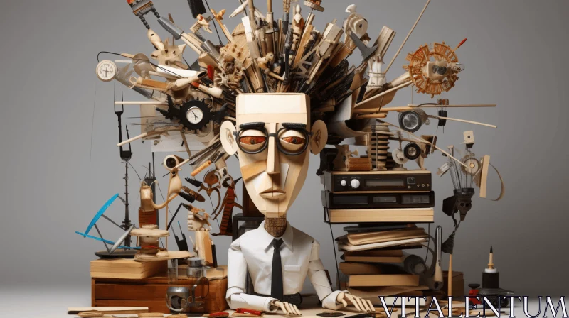 AI ART Surrealistic Wood Sculpture: A Captivating Image of a Man on a Desk