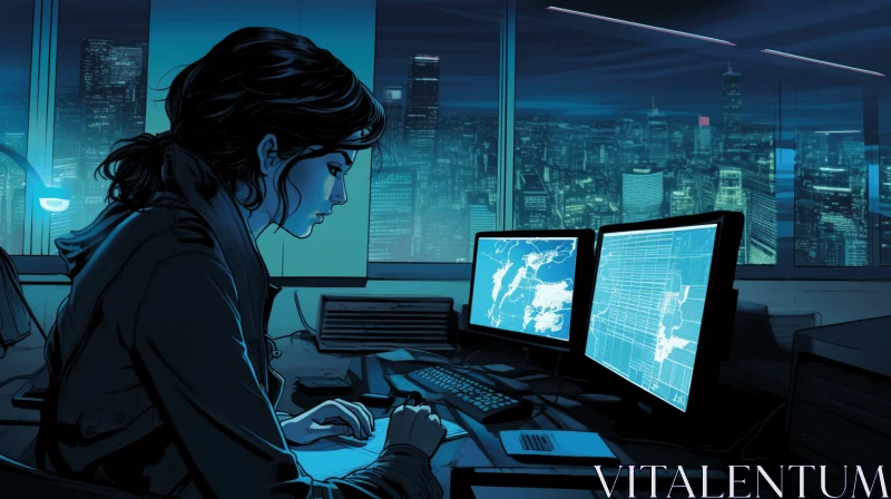 Captivating Cityscape Illustration: A Woman Engrossed in Work AI Image
