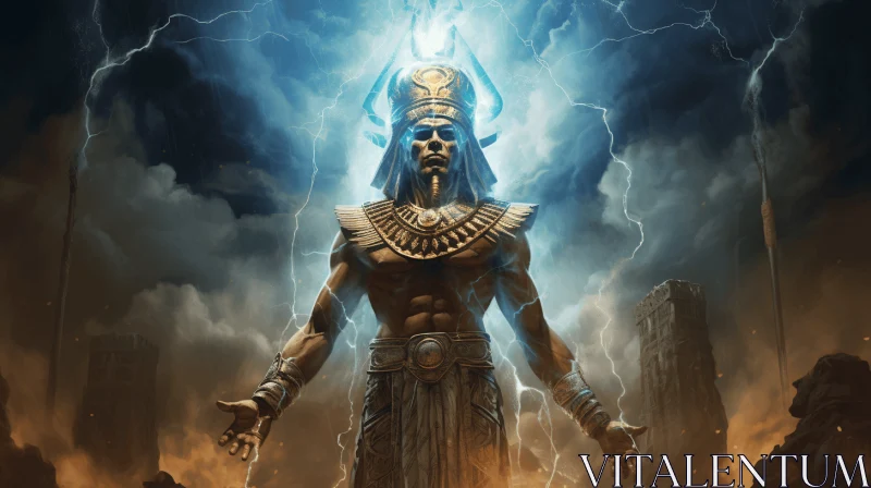 Powerful Pharaoh Confronts Thunderstorm in Realistic Artwork AI Image