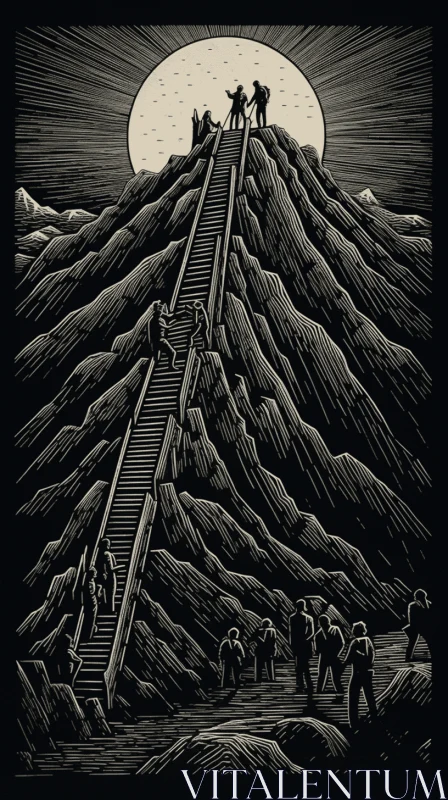 Surreal Black and White Painting: Men Climbing a Mountain | Himalayan Art AI Image