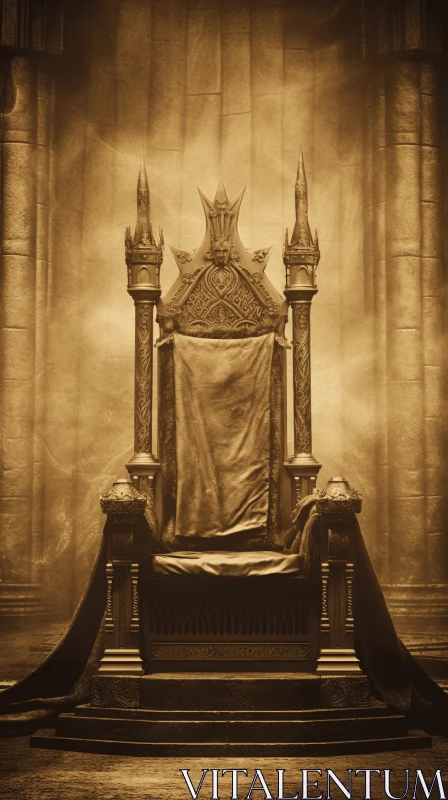 Majestic Throne in Dimly Lit Room | Vintage Sepia Tone AI Image