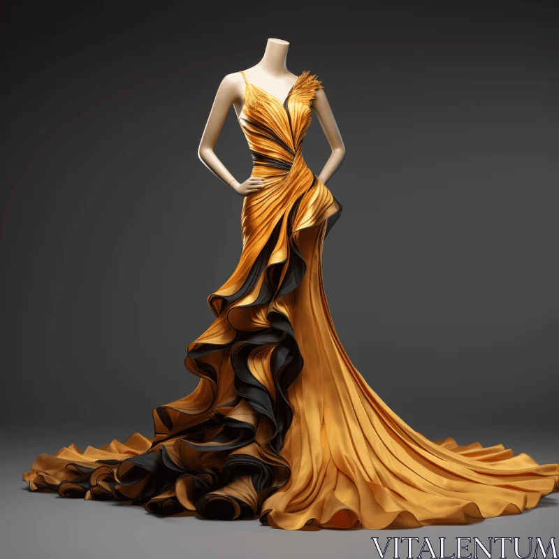 Exquisite Orange Ruffled Gown on Mannequin | Fashion Art AI Image