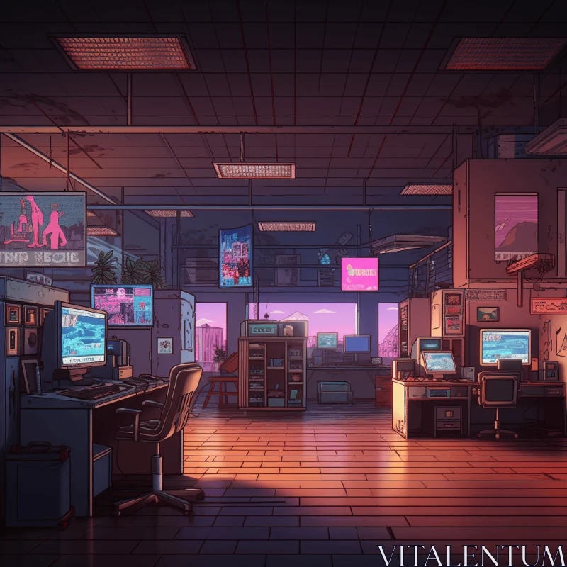 Romanticized Office Space: A Dreamy Blend of Retrowave and Tonalist Skies AI Image