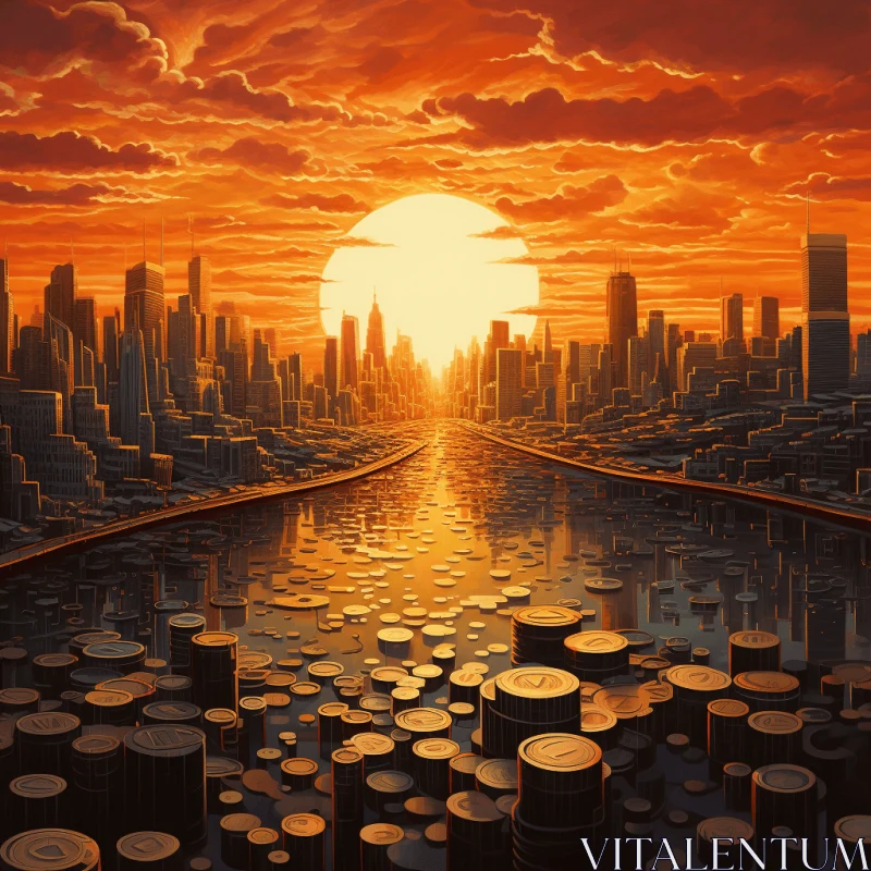Abstract Cityscape with Metal Barrels and God Rays AI Image