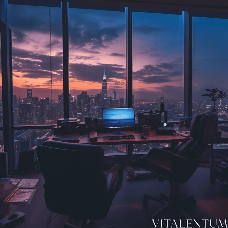 Captivating City Skyline: Laptop on Desk with Richly Colored Skies AI Image