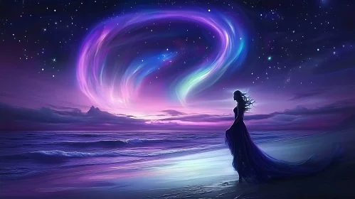 Woman Watching Aurora Over Sea