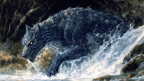Wild Wolf in Rushing Stream