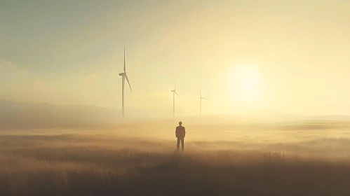 Misty Field with Wind Turbines