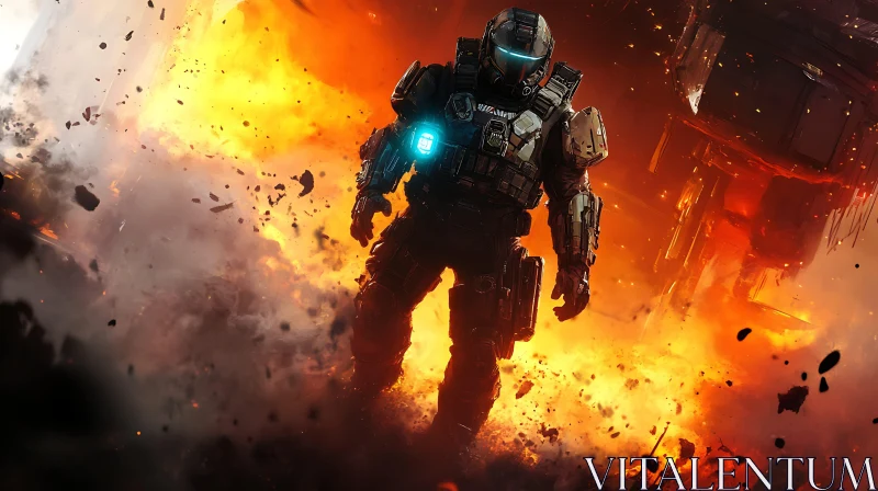 Futuristic Soldier in Fiery Aftermath