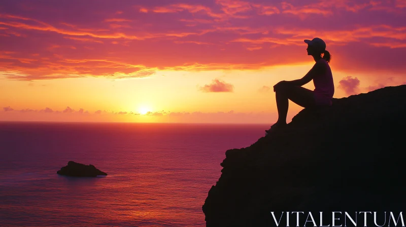 Woman Watching Sunset Over Ocean