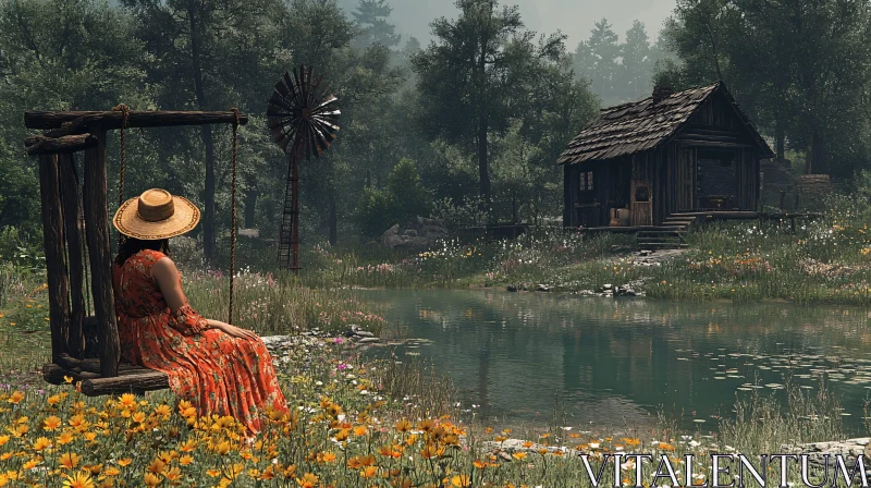 Woman on Swing by Pond Cabin