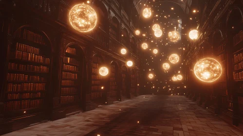 Mystical Library with Glowing Orbs