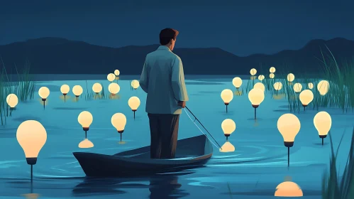 Surreal Nightscape with Light Bulbs in Water