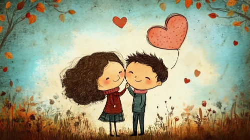 Autumn Romance: A Cartoon Illustration of Love