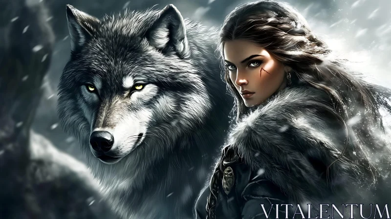 Woman and Wolf in Winter Landscape
