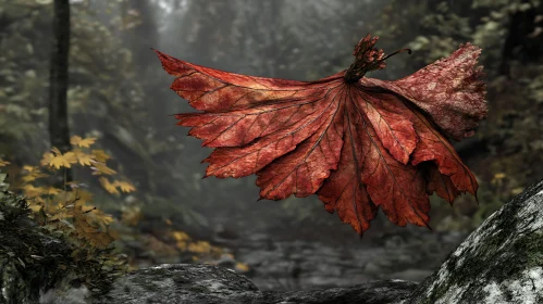 Floating Leaf in Autumnal Forest Scene