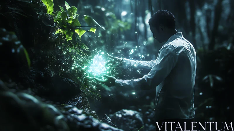 Man Holding Light in Forest