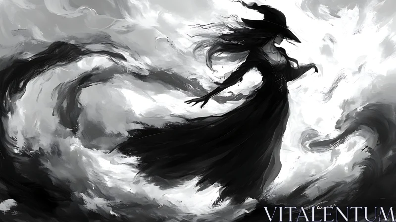 Monochrome Witch Amidst Swirling Shadows