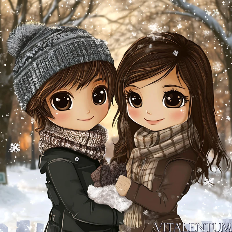 Cartoon Couple in Winter Snowfall