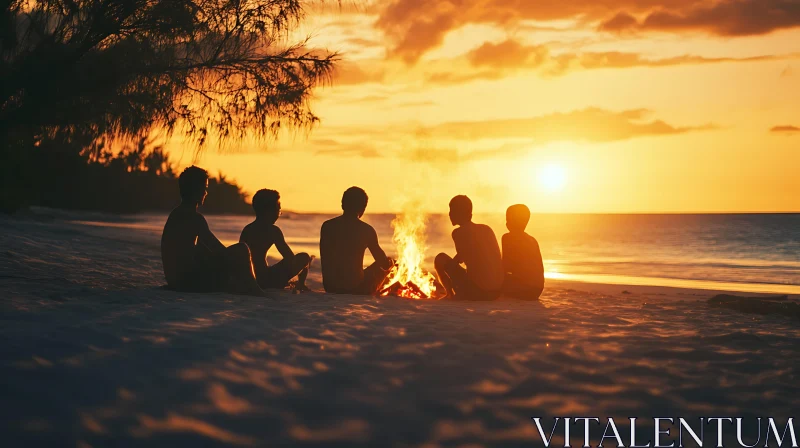 Friends Gathering Around Bonfire at Sunset