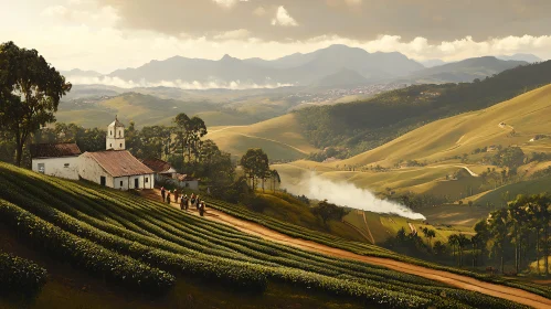 Tranquil Landscape of Green Hills and Village