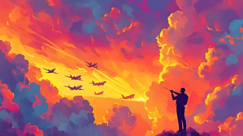 Man Aims at Planes in Sunset