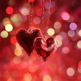 Two Heart Ornaments with Bokeh Background
