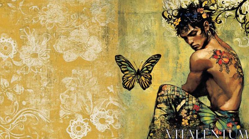 Man, Butterfly and Flowers Illustration