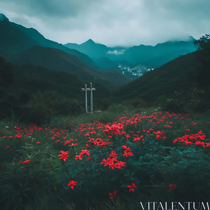 Scenic Mountain Valley with Red Flowers