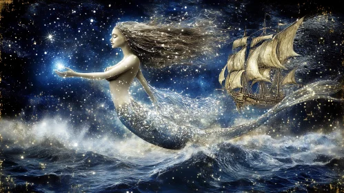 Celestial Mermaid with Sailing Ship