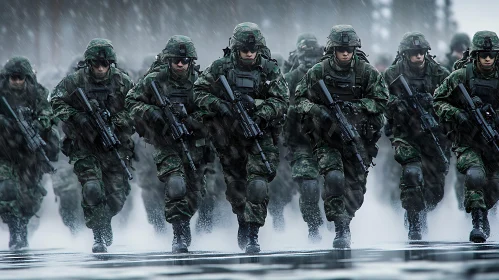 Camouflaged Soldiers in Rainy Conditions
