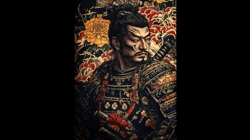 Japanese Warrior Illustration with Flowers
