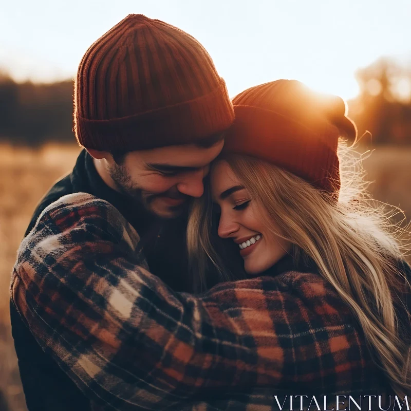 Couple Embracing in Golden Sunset Light