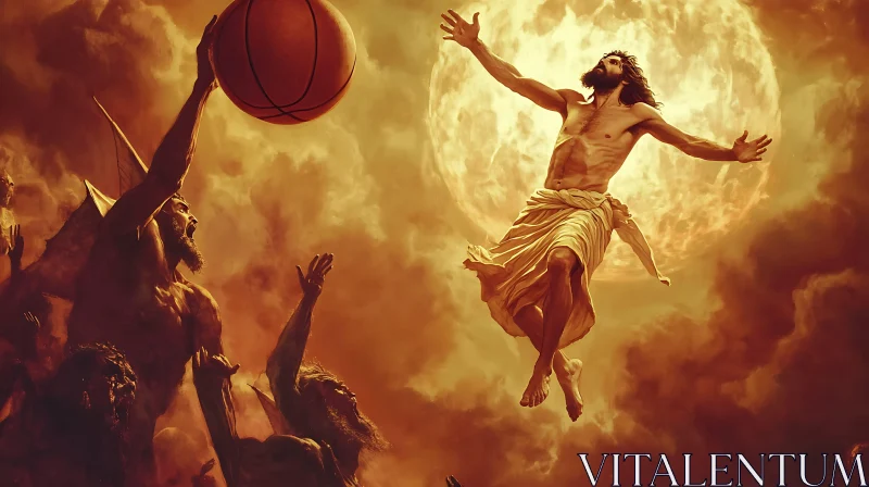 God leaping towards the sky with a basketbal: Celestial Game
