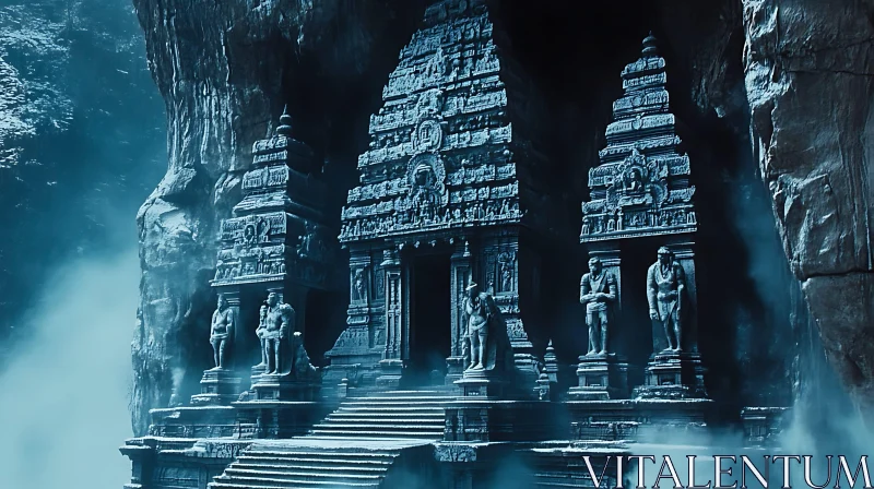 Mystical Cave Temple with Stone Figures
