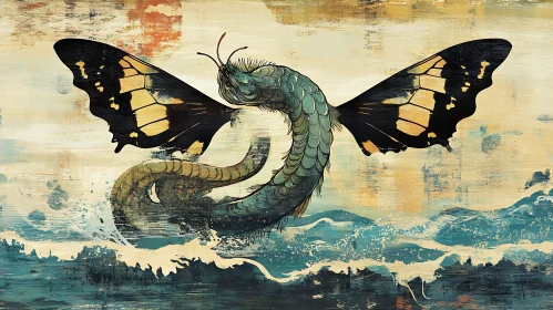Serpent with Butterfly Wings Over the Sea