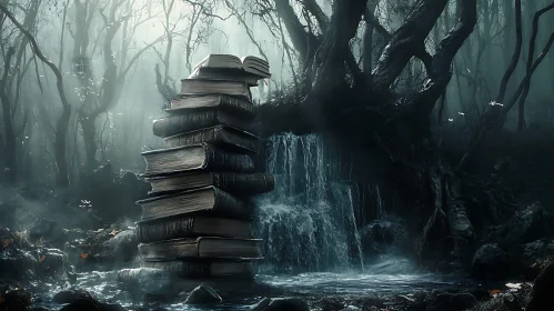 Literary Cascade: Books by a Forest Waterfall