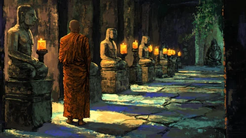 Candlelit Buddha Statues with Monk
