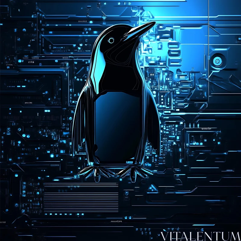 Cybernetic Penguin on Circuitry AI Image