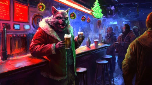 Santa Werewolf Enjoying Beer