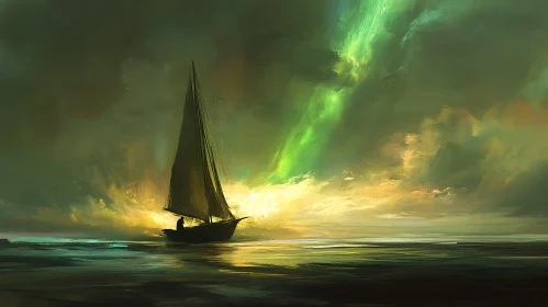 Serene Sailboat at Sea with Aurora Sky