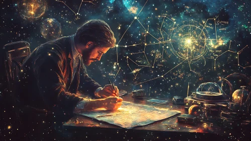Man Studying Constellations Under Starry Sky