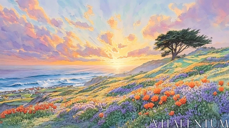 Ocean View Sunset with Flowers
