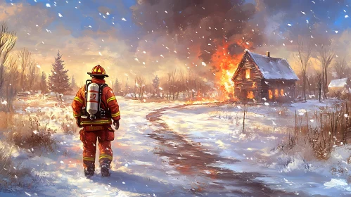 Burning House and Firefighter in Winter
