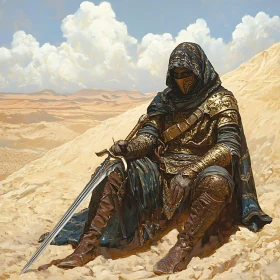 Golden Armored Warrior in Desert Landscape